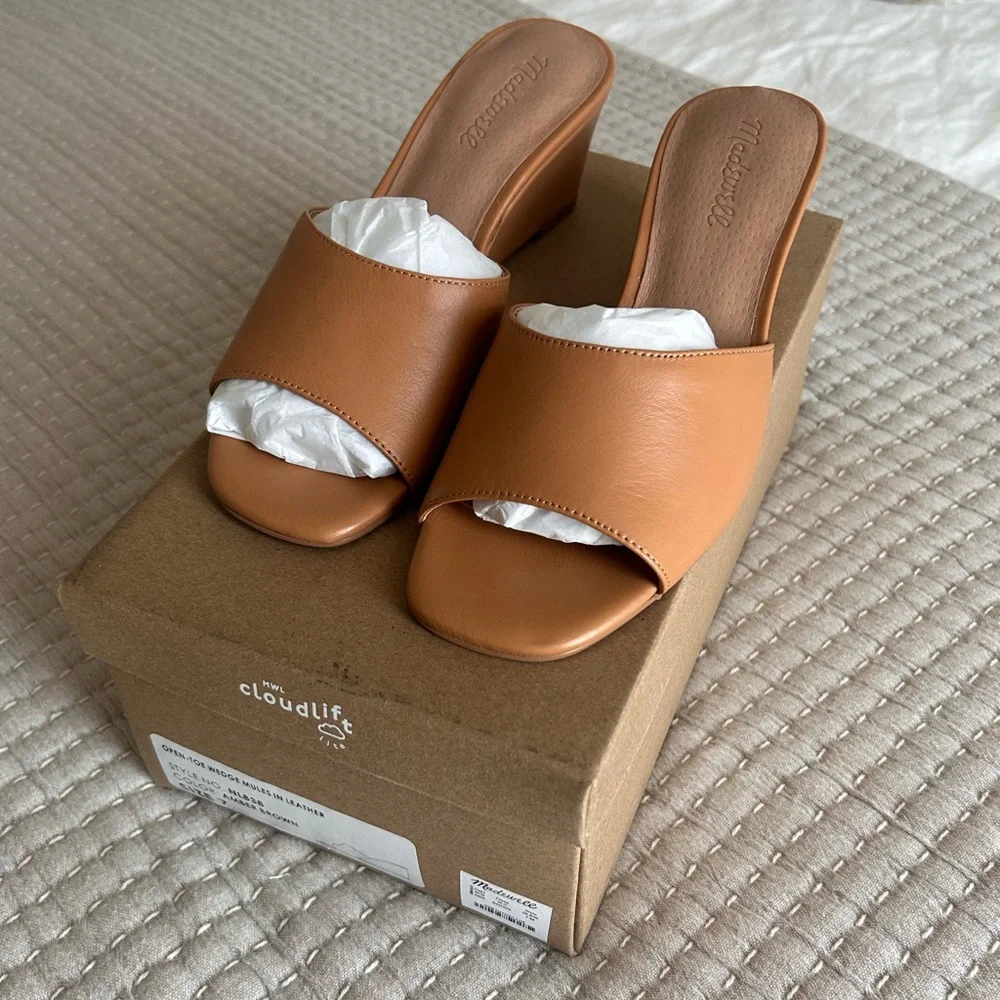 NWT MADEWELL Open Toe Pearl Wedge Mules in Amber Brown ~ Size 7 - Picture 5 of 5